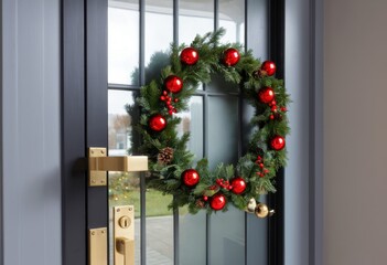 Christmas wreath with red ornaments on a modern front door