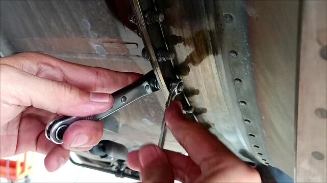 An aircraft maintenance technician loosening bolts inside an airplane engine compartment using a wrench