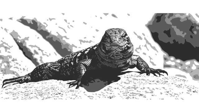 Graphic illustration of a black and white Argentine tegu lizard on a rocky surface: Design for reptile enthusiast apparel, educational wildlife posters, or exotic pet care branding. JPEG version.