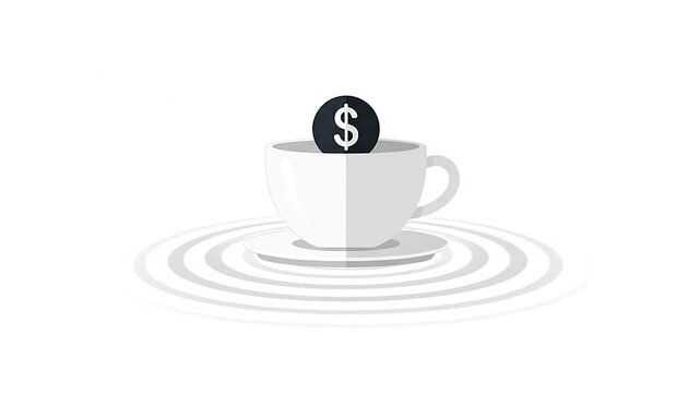 A coin with a dollar sign sits in a white cup on a saucer