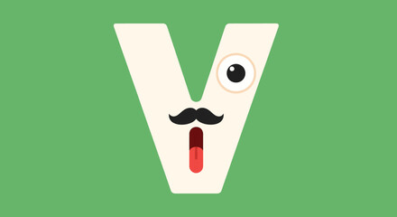 A stylized letter V with a face, featuring a mustache, tongue, and eye, on a colored background, viewed directly.