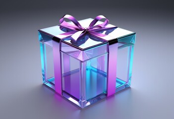 Transparent glass gift box with a purple ribbon