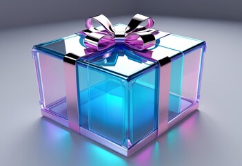 Transparent glass gift box with a purple ribbon
