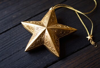 Antique golden star ornament on dark wooden background