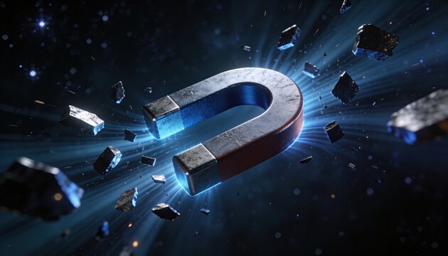 Magnetic Force: A powerful horseshoe magnet attracts floating metallic debris, set against a stunning cosmic backdrop.