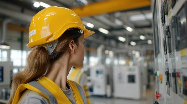 Female engineer in yellow hard hat looks toward machinery in a factory, inspecting equipment and monitoring production in a modern plant.