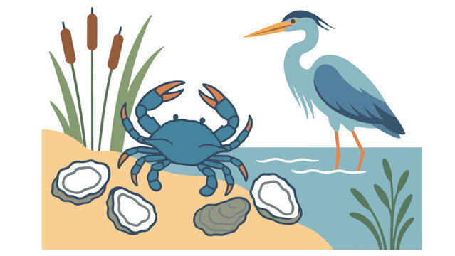A blue crab and heron illustration in a coastal wetland environment with oysters and cattails
