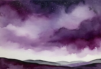 Mystical purple night sky clouds watercolor background