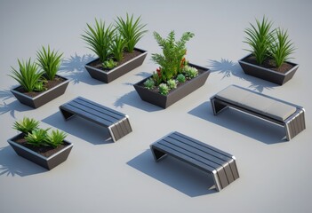 Modern outdoor bench and planter set