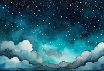 Mystical watercolor background of starry sky and sea of clouds over mountains