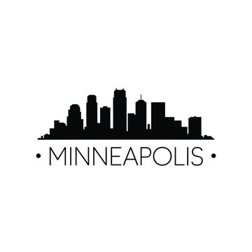 Silhouette of minneapolis skyline with city name below in bold