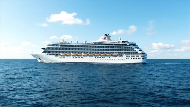 A large cruise ship sails across the ocean under a clear blue sky