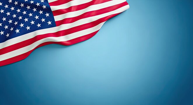 American flag waving on blue background with stars and stripes
