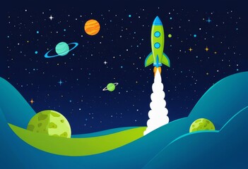 Retro space shuttle launch with starry sky and planets background