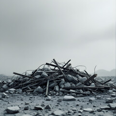 Pile of rubble and debris on a gray landscape