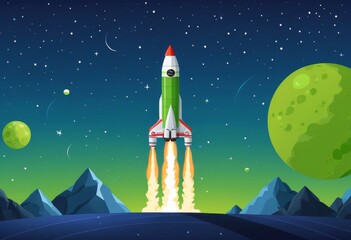 Retro space shuttle launch with starry sky and planets background