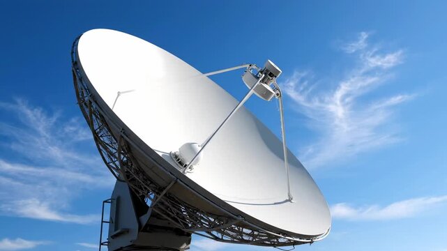 A large, parabolic antenna dish, angled against a brilliant blue sky dotted with wispy clouds