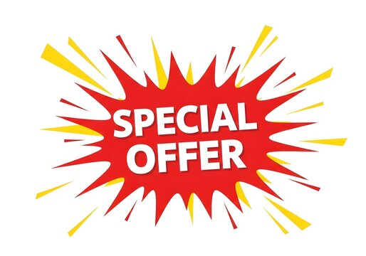 A vibrant special offer sign with a bold red background and yellow rays.