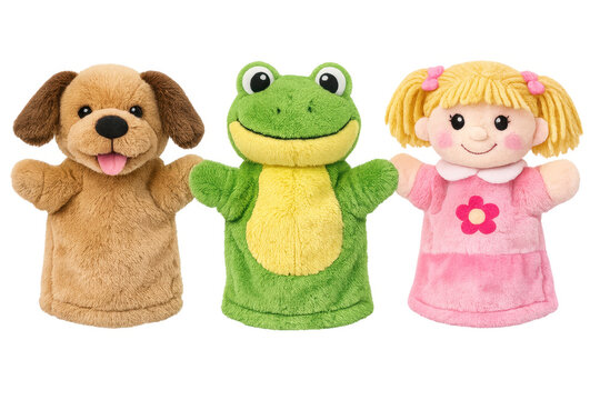 Hand puppets representing a dog, frog, and girl