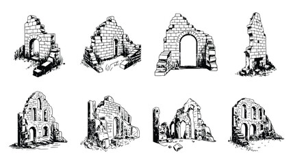 Set of hand drawn sketches of ancient ruins, stone castle and historic buildings in monochrome engraving style vector illustration. © Khoteza