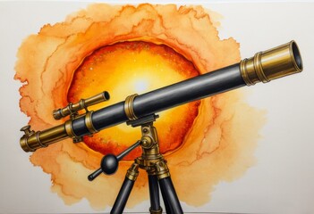 Antique brass astronomical telescope with a giant planet in the background