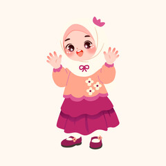 Fototapeta premium Cute cartoon illustration of a happy Muslim girl wearing a pink hijab, orange top, and purple skirt, waving with a cheerful expression.