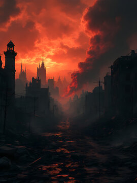 Ruined city landscape under fiery sky