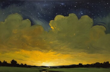 Oil painting of golden clouds and rural landscape under a starry sky