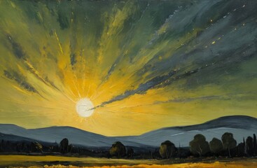 Oil painting of golden clouds and rural landscape under a starry sky