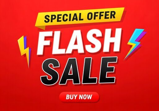 Vibrant red flash sale poster with bold text and lightning bolts