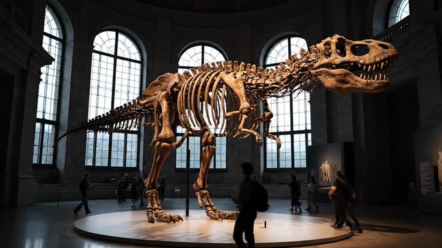 A large dinosaur skeleton display in a museum with many visitors present