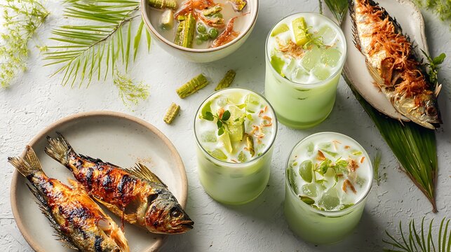 Filipino feast of sinigang soup, grilled fish and buko pandan desserts, shot in natural light, showcasing cultural cuisine with tropical vibes.