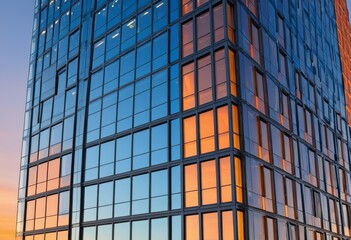 Modern glass office building illuminated by sunset