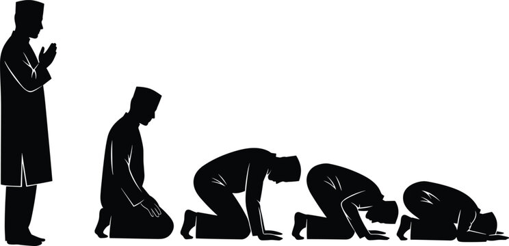 Muslim Man Silhouette Showing Steps of Islamic Prayer Salah Positions Including Standing Takbir Sitting Tashahhud and Prostration Sujud for Ramadan and Religious Concept