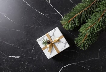 Marble pattern gift box with fir branches on black marble background