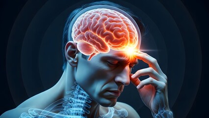 Naklejka premium Chronic tension headache and neurological health. Science and healthcare concept. Profile of man holding forehead with bright glowing pain point in the brain