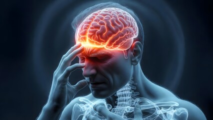 Cerebral cortex inflammation and cluster headache pain. Mental health and neurology science. Man suffering from severe head pain with glowing neural network activity