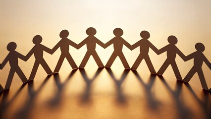 Paper people holding hands in a circle symbolizing teamwork unity partnership friendship community support and togetherness