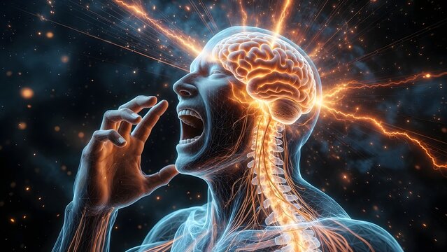 Severe cluster headache and electrical brain activity. Neural storm and chronic pain. Profile of a man shouting in pain with glowing spinal cord and skull