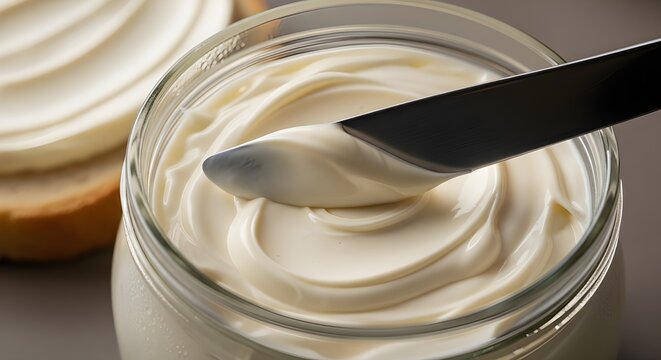 Open Mayonnaise Jar with Creamy Sandwich Spread, Thick White Mayo Ready for Spreading on Bread, Classic Condiment Closeup, Kitchen Staple