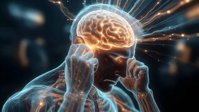 Chronic tension headache and auditory sensitivity. Neurological disorder and internal pressure. Man covering ears in pain with glowing brain activity and light rays