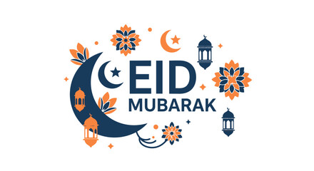 Fototapeta premium Beautiful Eid Mubarak Greeting Illustration with Decorative Crescent Moon, Traditional Lanterns, and Floral Patterns for Islamic Celebrations