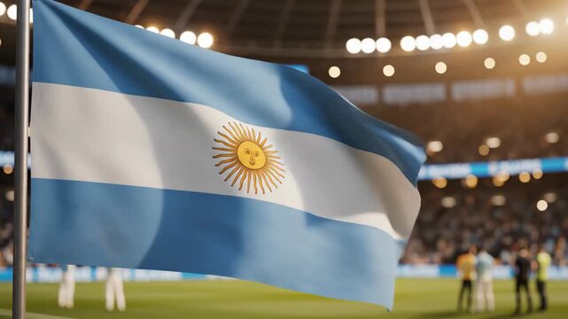 Argentinian Flag Waving in a Soccer Stadium During a Match.