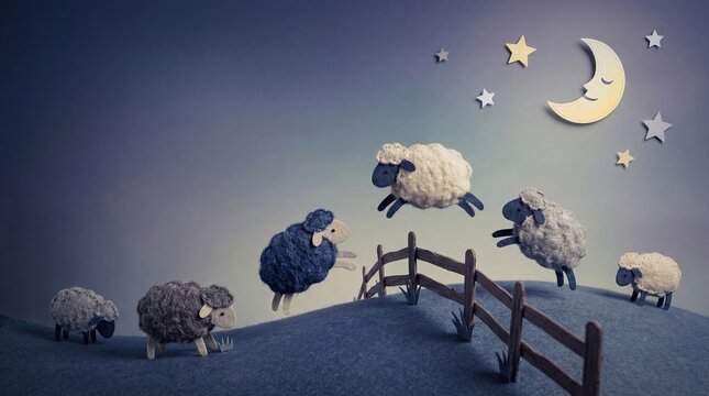 Counting Sheep Jumping Fence at Night Sleep Concept