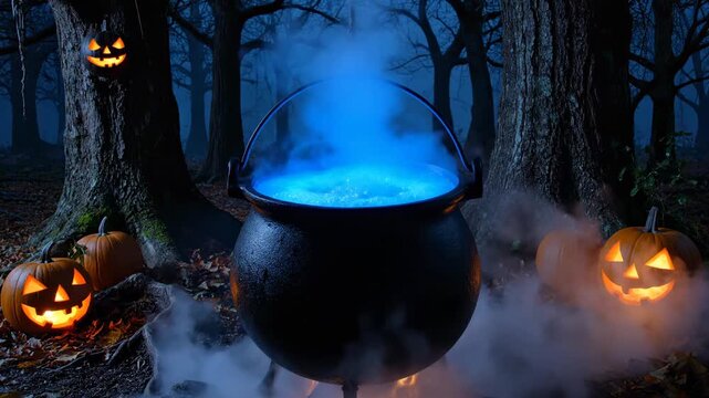A Halloween scene depicts a cauldron of glowing potion in a dark forest