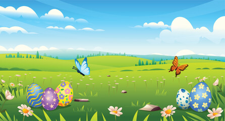Naklejka premium Colorful Easter eggs and butterflies in a sunny green meadow under a blue sky. Vector cartoon landscape illustration