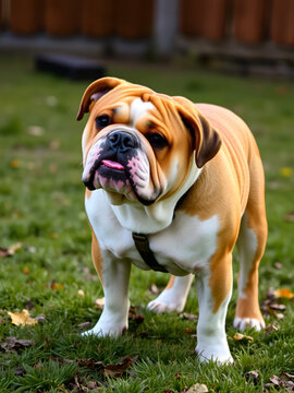 A brown and white bulldog pappy standing