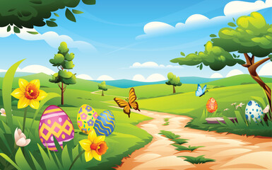 Naklejka premium Winding stone path in a lush spring park with hidden Easter eggs and flowers. Vector cartoon landscape illustration