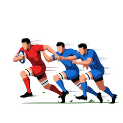 Rugby players in action, dynamic illustration of a fast-paced sports game, red vs blue teams.