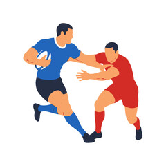 Rugby players in action, one player running with ball, other tackling